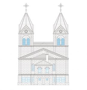 カトリック松が峰教会聖堂 西側立面図（展示用模型制作のためのスタディ図面） [図面制作] 模型工房｢さいとう｣｜2016年 [制作監修] 大谷石研究会＋宇都宮美術館 (C)Utsunomiya Museum of Art
