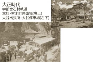 『宇都宮石材軌道株式會社 営業案内』より 右上 「表紙(本社・材木町停車場)」 左下 「(大谷出張所・)大谷停車場」 1915年|個人蔵